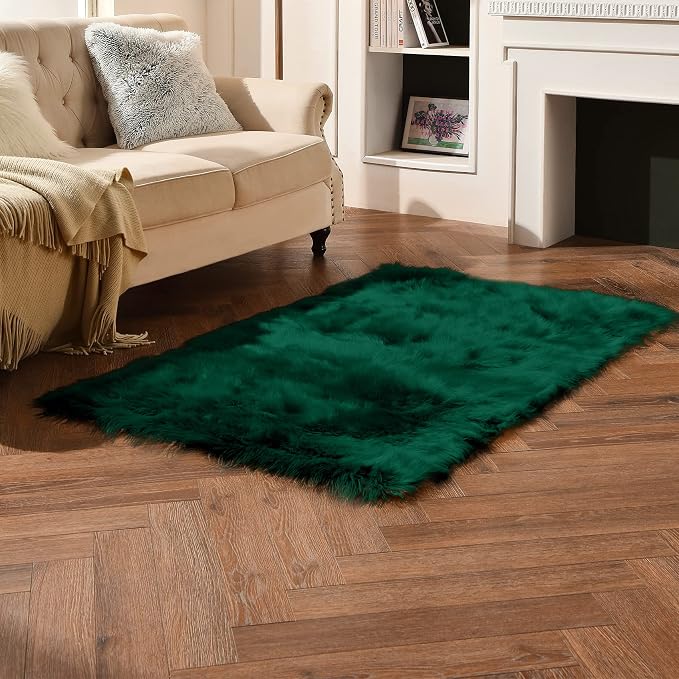 duduta Emerald Green Faux Fur Rug 3x5 ft, Fluffy Shag Rectangular Sheepskin Rug - Image 6