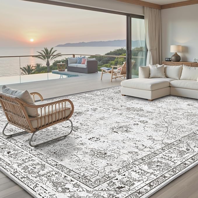 Grey White Area Rugs 10x14 Living Room, Non Slip Machine Washable Floral Rugs by WelcometoBabovid