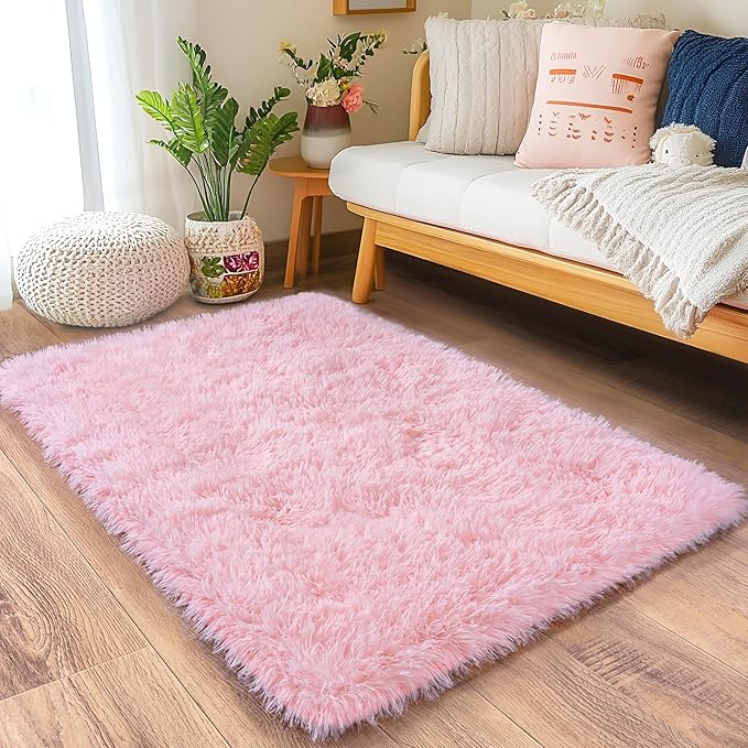 Small Area Rug, 2x3 Pink Rug for Bedroom Shaggy Throw Rugs for Girls Room by Quntue