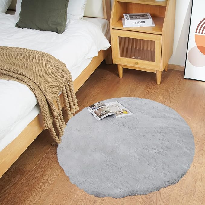 Ghouse Faux Rabbit Fur Round Rug 3ft Grey Round Rugs by Ghouse