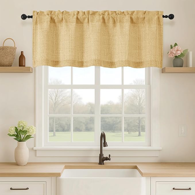 OVZME Valance for Windows, Light Filtering Faux Linen Textured Small Kitchen by OVZME