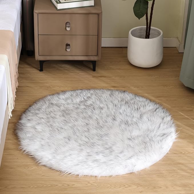 Goolela Round Fluffy Rug 3ft White - Image 2