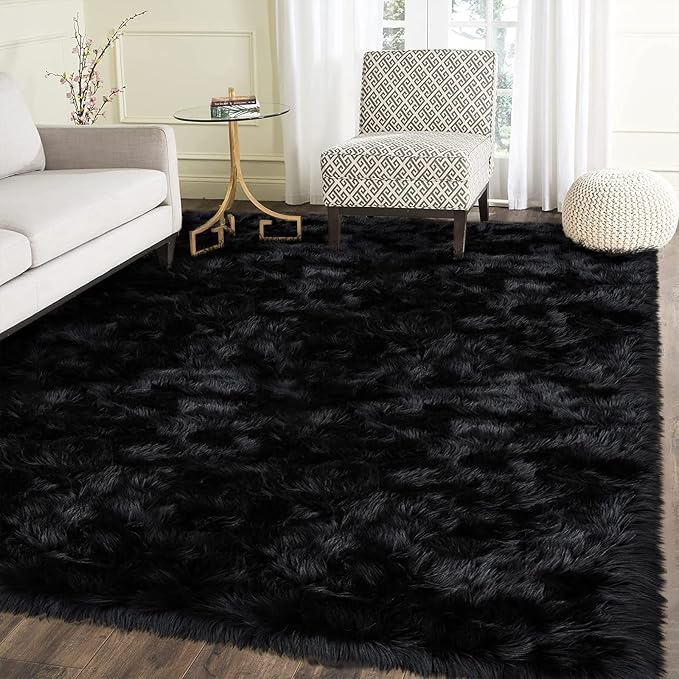 Latepis Shag 5x7 Black Fuzzy Rug Faux Sheepskin Fur Rugs Super Soft Washable by Latepis