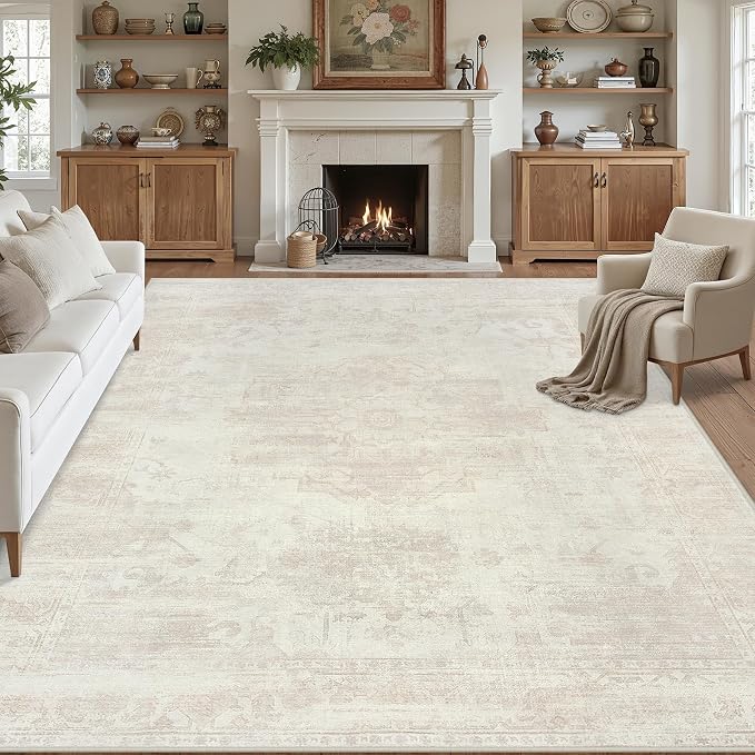 8x10 Area Rugs for Living Room: Vintage Boho Neutral Washable Rug Indoor Soft by Luxturiy