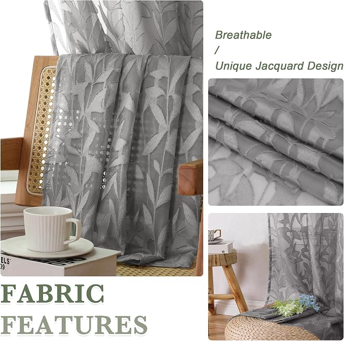 Lecloud Leia Clip Textured Charcoal Grey Sheer Curtains 63 Inch Length 2 Panels - Image 9