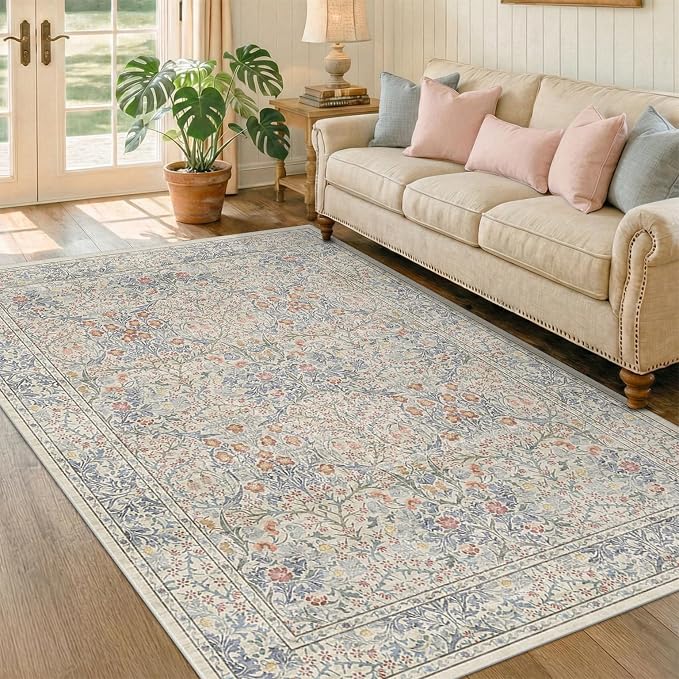 Washable Beige Blue 5x8 Area Rug - Image 3