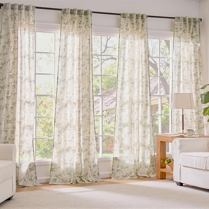 Lazzzy Green Floral Linen Curtains 84 Inch Farmhouse Back Tab Drapes - Image 7