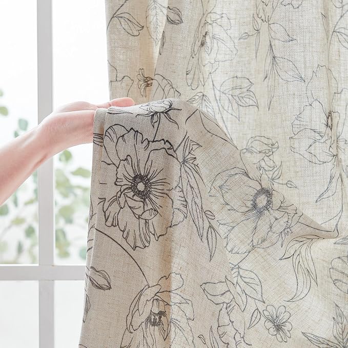jinchan Floral Linen Curtains for Living Room 63 Inch Length Grey Flower - Image 6