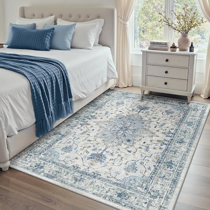 Area Rugs 4'x5' Washable Non-Slip, Floral Vintage Distress Print Pattern - Image 2