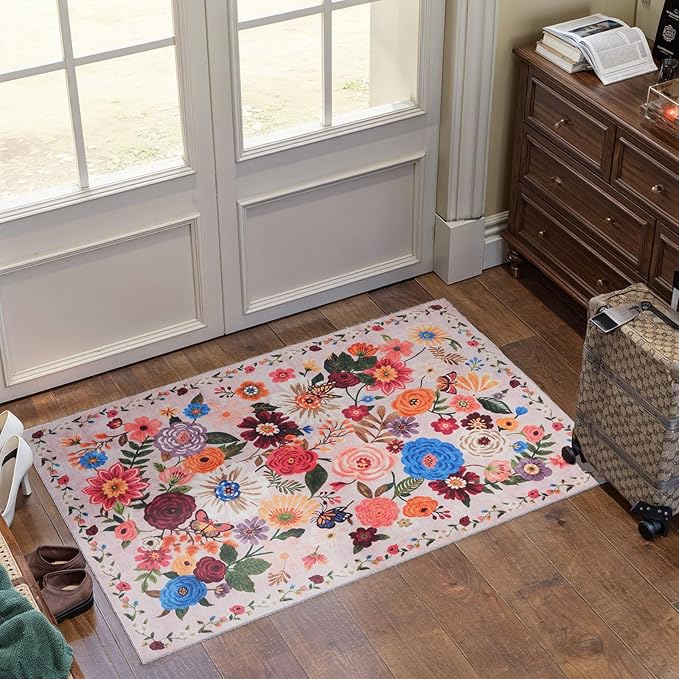Pink/Beige Floral Rug for Entryway, 2X3 Washable Kitchen Mat Ultra-Thin Soft - Image 5