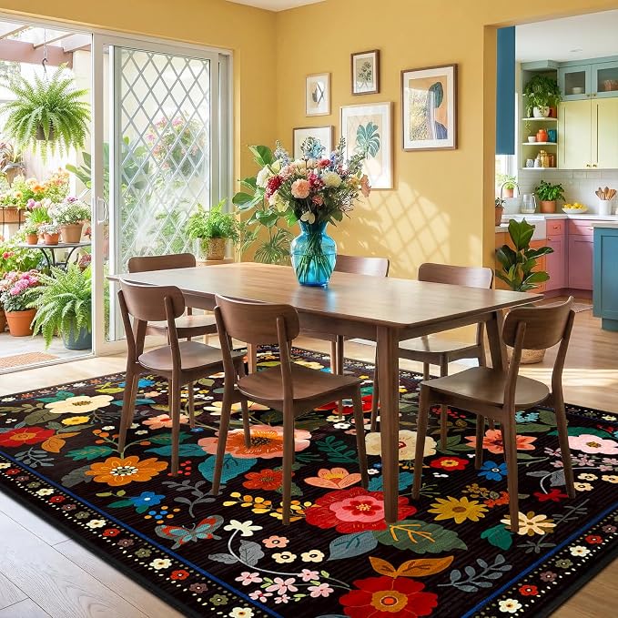 RELEANY Floral Washable 7x9 Area Rugs Black | Flower Carpet Print Boho Cute Non - Image 2