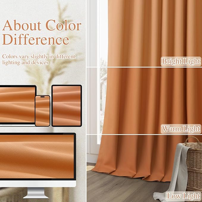 Guken Orange 100% Blackout Linen Curtains 90 Inch Length 2 Panels Set - Image 7
