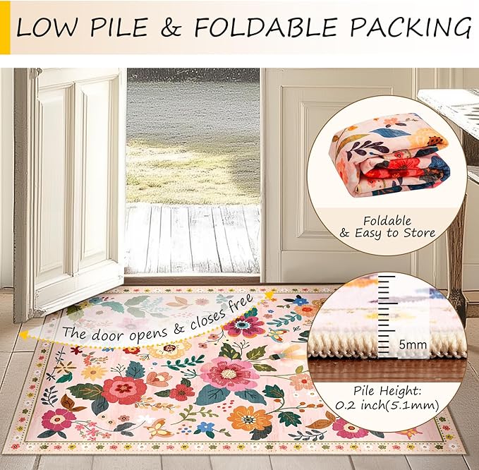 RELEANY Floral Washable Round 8ft Area Rug Pink | Flower Carpet Print Boho Cute - Image 4