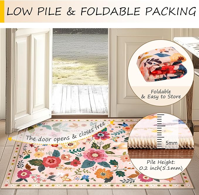 RELEANY Floral Washable 6x9 Area Rugs Pink | Flower Carpet Print Boho Cute Non - Image 5