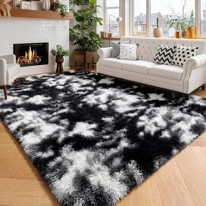 Amdrebio Black White Grey Large Furry Rug 9x12 by Amdrebio