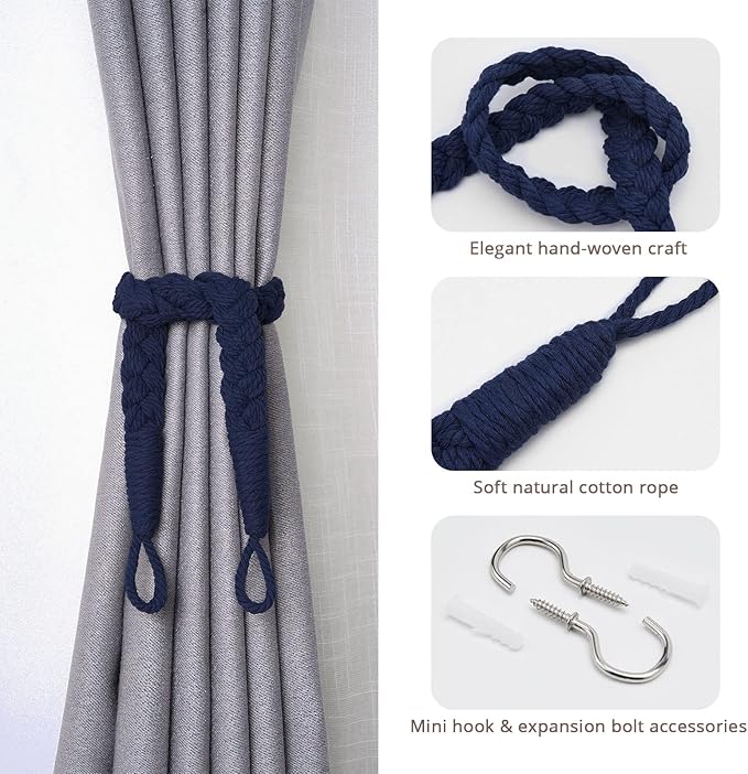 NICEEC 2 Pack Natural Cotton Rope Curtain Tiebacks Elegant Boho Style - Image 2