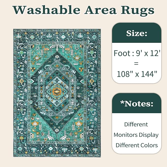 SERISSA Washable Rugs 9x12 Area Rugs, Large Non-Slip Boho Living Room Teal Rug - Image 6