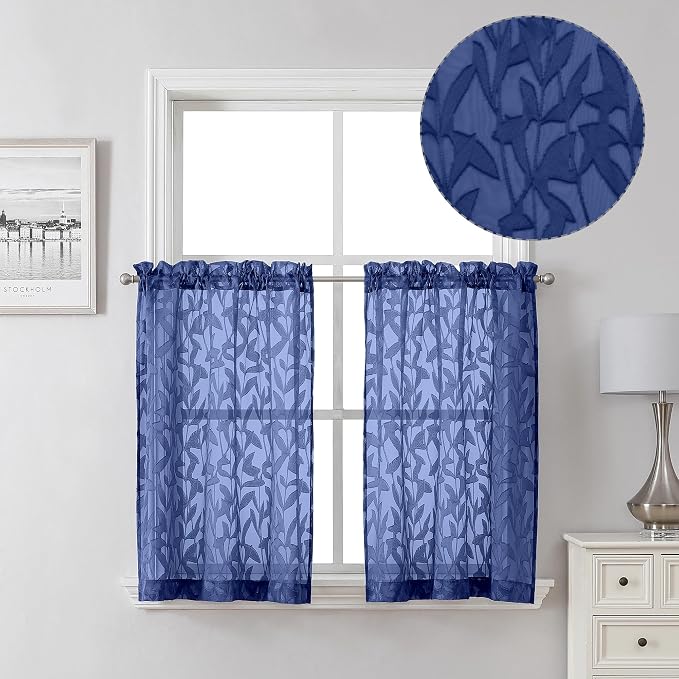 Lecloud Leia Dusty Blue Sheer Kitchen Curtains 36 Inch Length 2 Panels by Lecloud