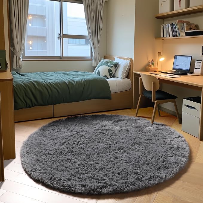 ONASAR Grey Round Area Rugs 5ft, Fluffy Plush Shaggy Carpet by ONASAR