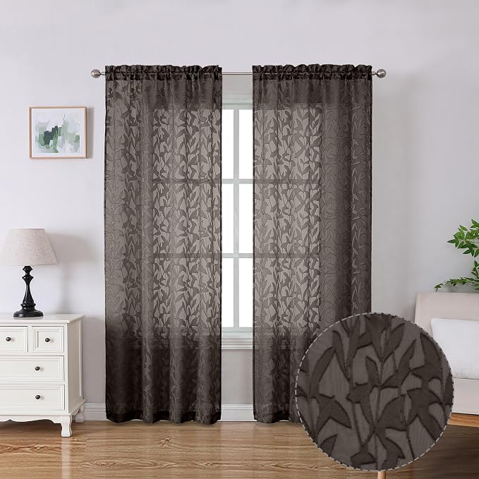 Lecloud Leia Living Room Chocolate Brown Sheer Curtains 72 Inch Length 2 Panels by Lecloud