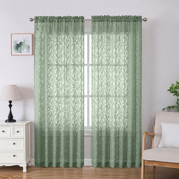 Lecloud Leia Sage Green Sheer Curtains 84 Inches Long 2 Panels, Airy Voile by Lecloud