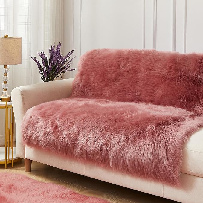 AMTOVO Faux Fur Sheepskin Rug for Living Room, 4 x 6 ft Blush Pink Fluffy Area - Image 4