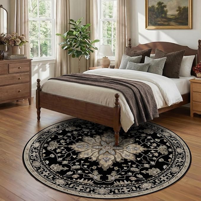 Area Rugs 7ft Washable Non-Slip, Floral Vintage Distress Print Pattern - Image 2