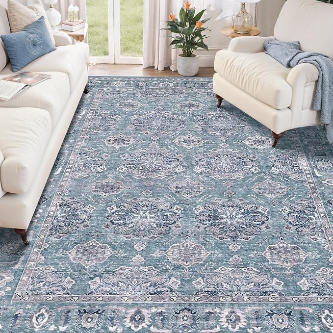 SERISSA Boho Area Rug 5x7 Blue Grey, Washable Large Rugs by SERISSAHomeDecorCollection
