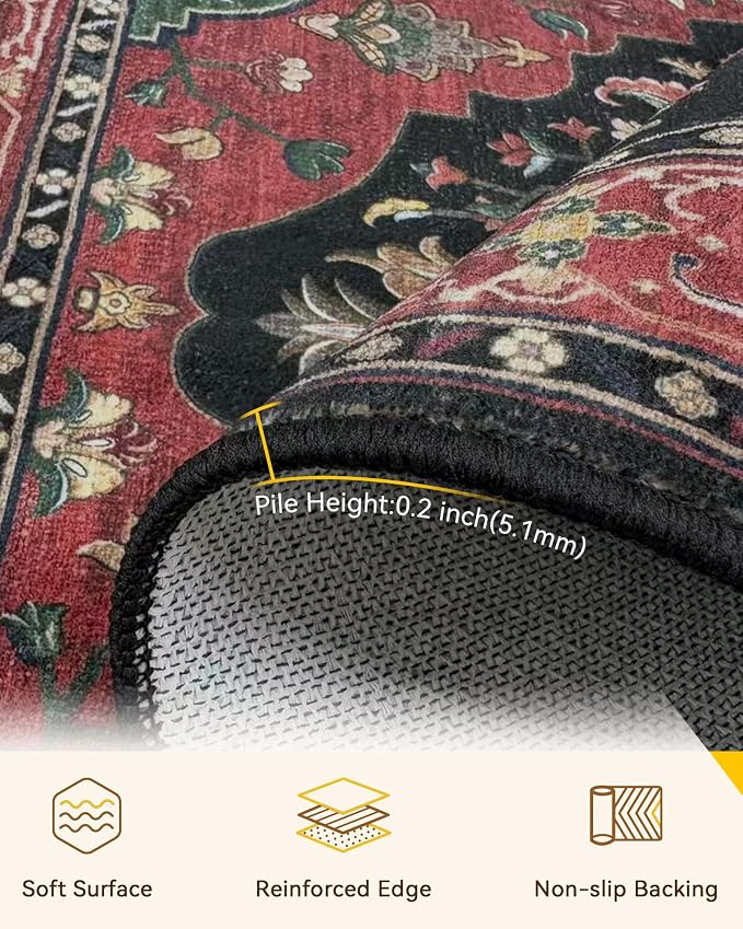 Area Rugs Round 8ft Washable Non-Slip, Floral Vintage Distress Print Pattern - Image 2