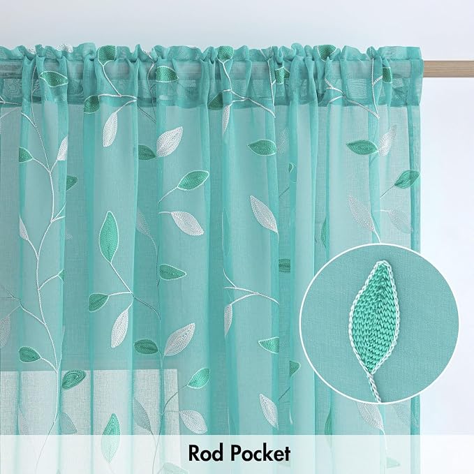 MIULEE Turquoise Sheer Curtains 2 Panels Embroidered Leaf Patterned Rod Pocket - Image 6