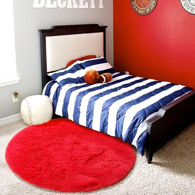 Red Round Rug 4Ft for Bedroom, Fluffy Shag Circle Area Rugs for Kids Room Decor - Image 5