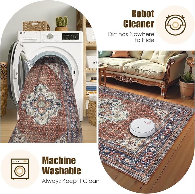Washable Area Rug 6' x 9' Vintage Traditional Persian Mat - Image 7