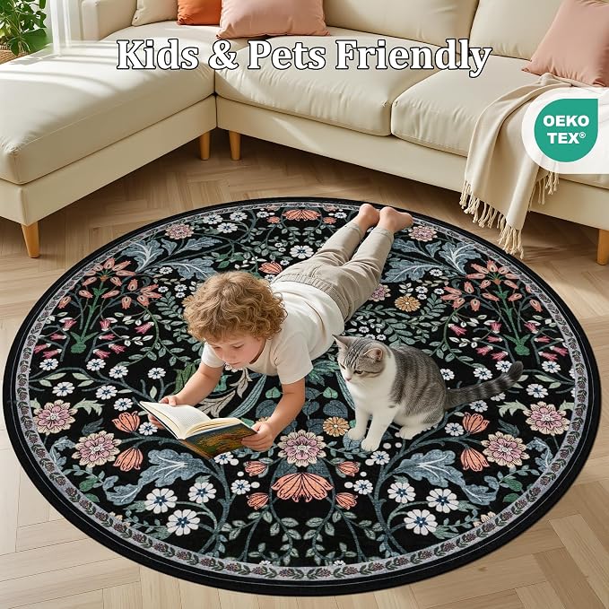 Round Area Rug for Living Room: 6 ft Floral Washable Circle Rug Soft Boho - Image 8