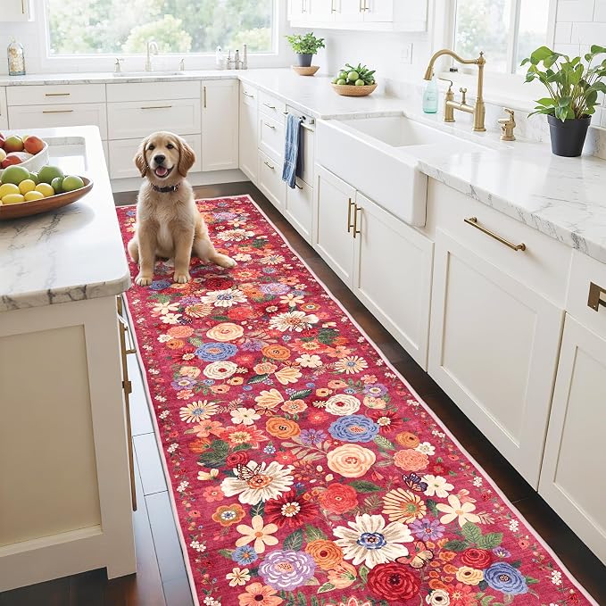 Floral Hallway Runner Carpet Non-Slip, 2x10 Washable Rug Ultra-Thin Soft by WelcometoBabovid