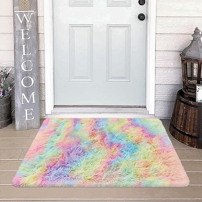 Small Fluffy Rainbow Colorful Area Rug by JiaoBaba