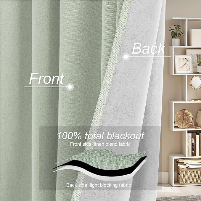 RYB HOME Light Green Curtains 100% Blackout, Linen Window Treatment Panels - Image 4