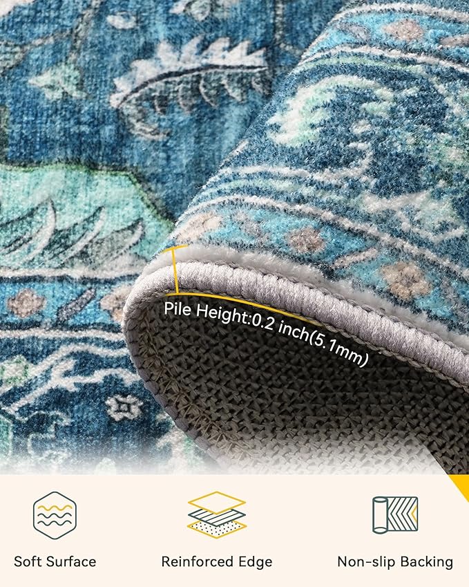 Area Rugs 6ft Washable Non-Slip, Floral Vintage Distress Print Pattern - Image 4