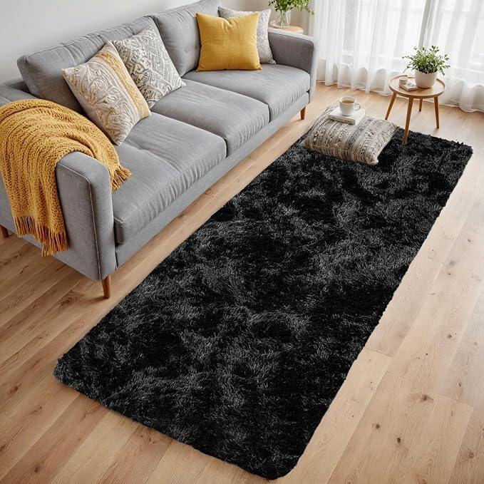 2x6 Bedside Area Rugs for Bedroom: Soft Fluffy Shag Black Rug for Hallway - Image 2