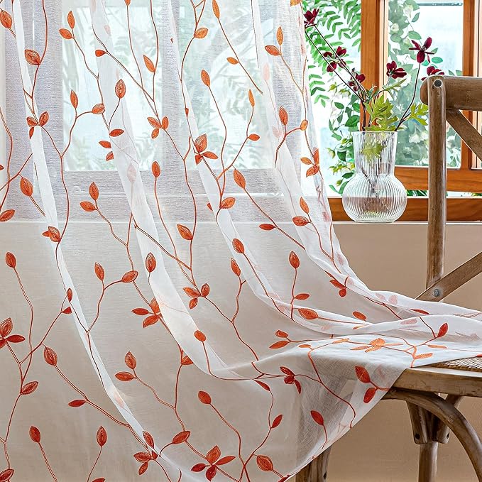 AmHoo 2 Panels Embroidered Leaf Pattern Semi Sheer Curtains Foliage Floral by AmHootextile