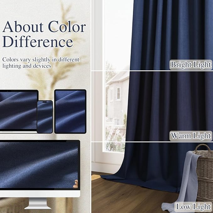 Guken Navy Blue 100% Blackout Linen Curtains 63 Inch Length 2 Panels Set - Image 7
