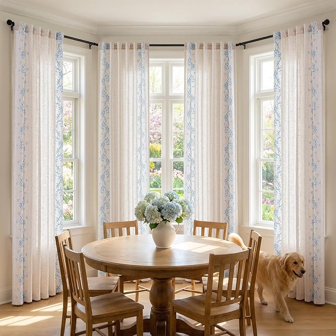 jinchan Evelyn Embroidered Linen Curtains 84 inch Long 2 Panels Blue Curtains - Image 3