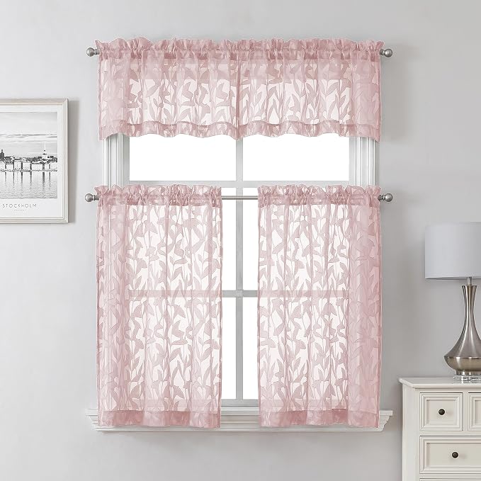 Lecloud Leia Blush Pink Kitchen Sheer Curtains 24 Inch 2 Pcs, Jacquard Leaf - Image 8