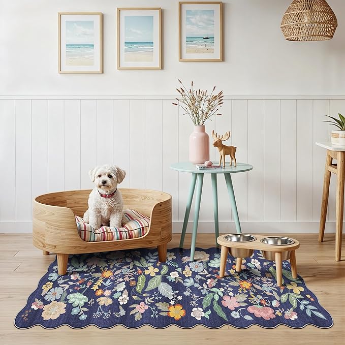 2x5 Washable Hallway Runner Rug: Stain Resistant Floral Scalloped Kitchen Rug by HYHAOYUNLAI