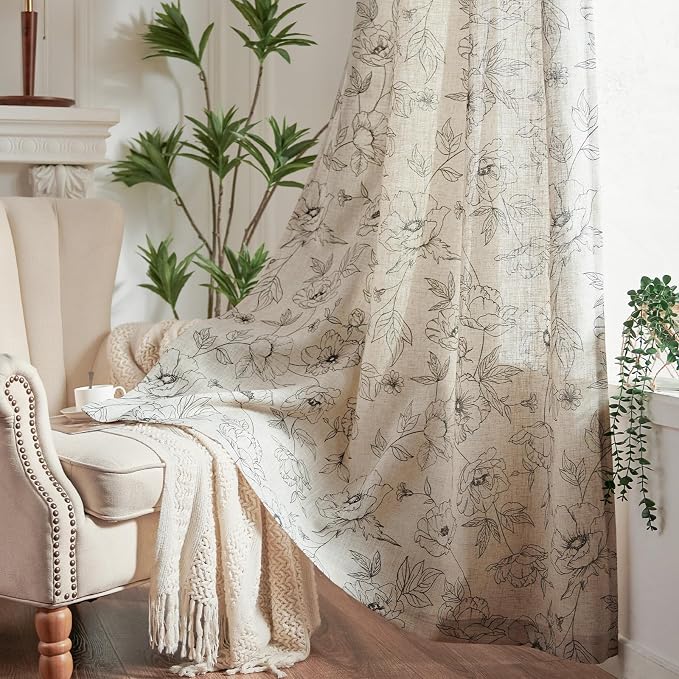 jinchan Floral Linen Curtains for Living Room 63 Inch Length Grey Flower - Image 8