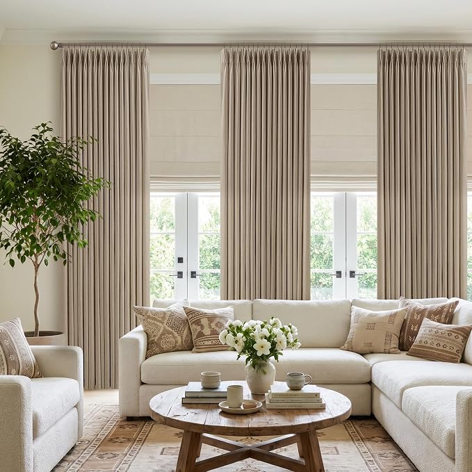 108 Inch Camel Tan Pleated Linen Light Filtering Country Curtains 50WxL108 | - Image 7