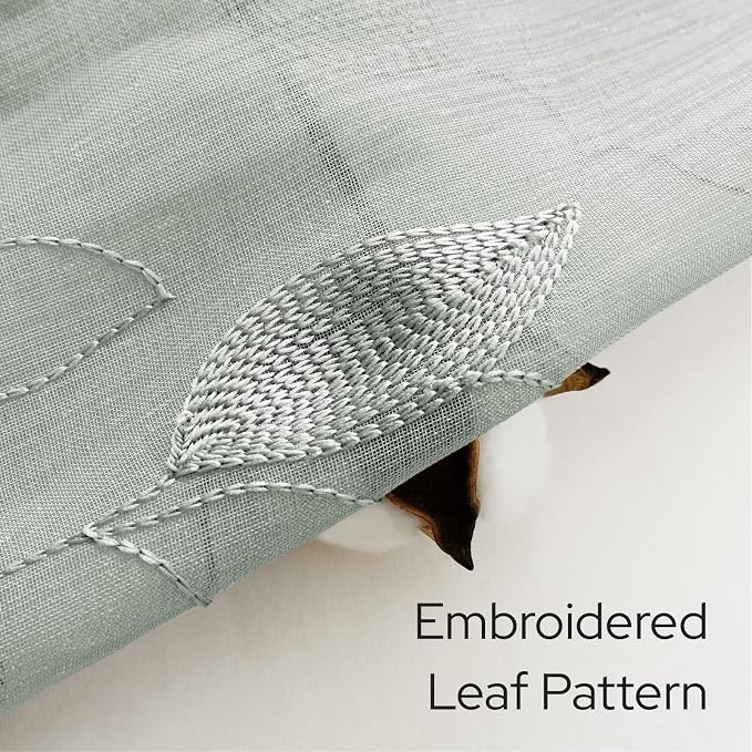 HOMEIDEAS Sage Green Sheer Curtains 52 x 54 Inch Length 2 Panels Embroidered - Image 2