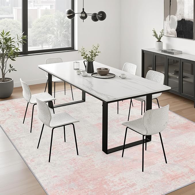 5x7 Area Rug Living Room: Modern Washable Soft Carpet Pink White | - Image 5