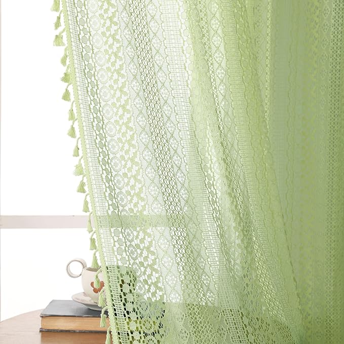 WAZZIO Boho Lace Curtains 63 Inches 2 Panel, Light Filtering Privacy Tassel & - Image 3