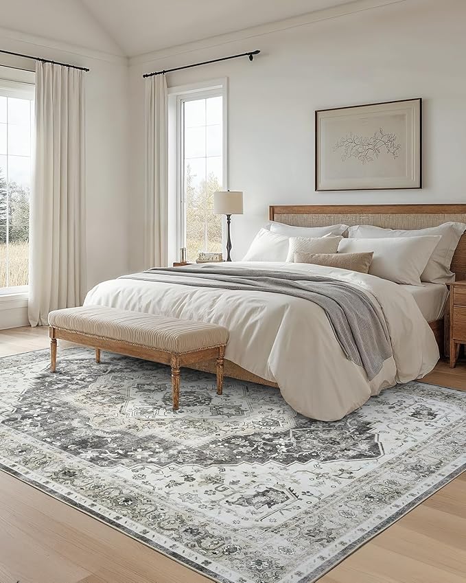 AMADA HOMEFURNISHING Grey 8x10 Area Rug, Washable Low-Profile Large Area Rug - Image 3