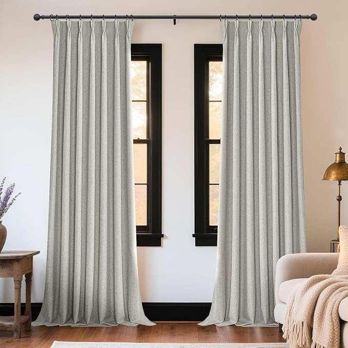 Joydeco Greyish White Pinch Pleated Thick Linen Curtains 96 Inch Long 2 Panel - Image 2